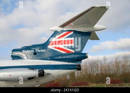 Ex-British European Airways Trident 3B (G-AWZK) preserved at Manchester Airport, United Kingdom, UK Stock Photo