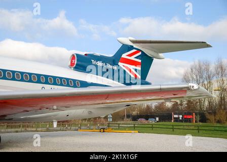 Ex-British European Airways Trident 3B (G-AWZK) preserved at Manchester Airport, United Kingdom, UK Stock Photo