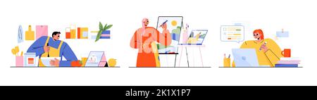 Online education, digital technologies for training and study. People learning in distance courses, cooking food, paint on easel, study in Internet, vector flat illustration Stock Vector