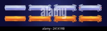 Set of silver and golden rank frames for game isolated on blue background. Cartoon vector illustration of yellow and grey plank bars decorated with cast iron ornament and red gemstone. Gui elements Stock Vector