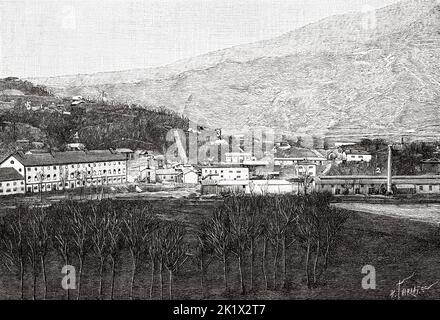 The dynamite factory of Alfred Nobel (1833-1896) Swedish engineer and chemist, Avigliana. Italy. Old 19th century engraved illustration from La Nature 1890 Stock Photo