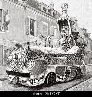 Chariot, procession of the 'Illuminated Festival', of Auxerre tradition on the way to the The Universal Exhibition in Paris 1889, France. Old 19th century engraved illustration from La Nature 1890 Stock Photo