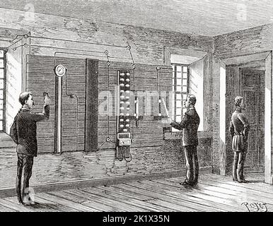 Electric Chair. The first execution of a man sentenced to death by electricity. William Francis Kemmler (1860 – August 6, 1890) was an American peddler, alcoholic and murderer, in 1890 became the first person in the world to be executed by electric chair, USA. Old 19th century engraved illustration from La Nature 1890 Stock Photo