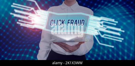 Text showing inspiration Click Fraud. Word Written on practice of repeatedly clicking on advertisement hosted website Stock Photo