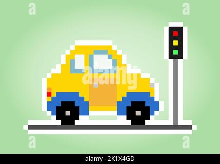 Pixel classic car in traffic light. Vector illustration of 8 bit game assets. Stock Vector