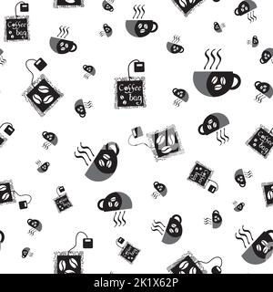 Coffee bag and cups vector seamless pattern background. Black white backdrop with disposable freshly brewed sachets of lattes, americanos. Grunge hand Stock Vector