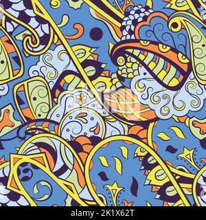 Tracery seamless pattern. Mehndi design. 6 colors. Ethnic colorful doodle texture. Curved doodling background. Vector. Stock Vector