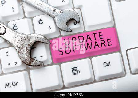 Text sign showing Update Softwarereplacing program with a newer version of same product. Conceptual photo replacing program with a newer version of Stock Photo