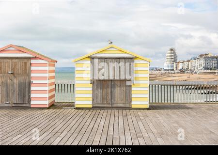 Hastings, United Kingdom, 24, August 2022 colourful pier huts on Hasting's pier, copy space Stock Photo