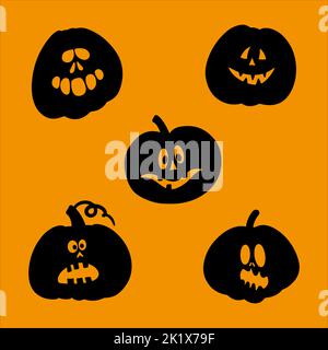 Pumpkins for Halloween pack silhouette and illustration Stock Vector