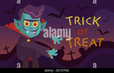 vertical background with vampire and inscription trick or treat halloween Stock Vector