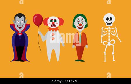 Characters on Halloween Joker Dracula Evil Clown and Skeleton Stock Vector