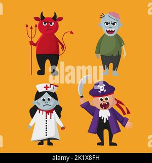 Characters on Halloween Zombie Demon Dead Nurse and Pirate Stock Vector