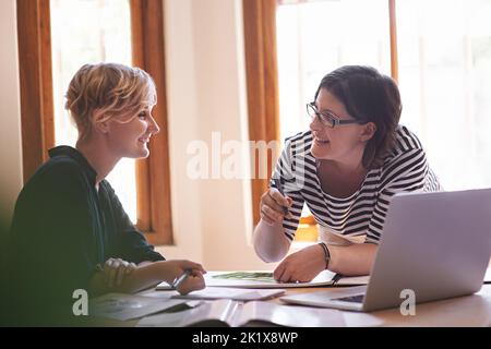 Friends and colleagues. A cropped shot of two happy women working together in a home office. Stock Photo