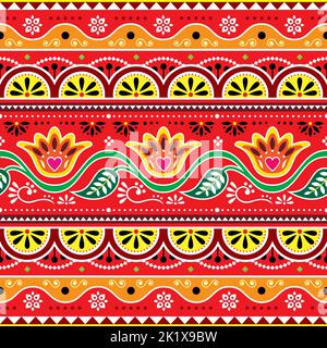 Indian and Pakistani truck art vector seamless pattern design with flowers and leaves in red and yellow Stock Vector