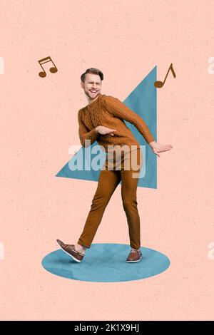 Creative photo 3d collage poster postcard of cool stylish boy guy dancing alone rest relax good mood isolated on drawing background Stock Photo