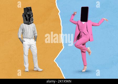 Creative photo 3d collage poster postcard of two person boy girl retro gadget vs modern isolated on painting background Stock Photo