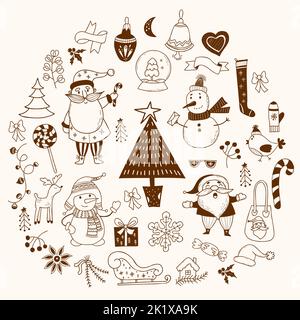 Vector Christmas doodles. Cute characters old man Santa Claus, snowmen in knitted clothes, New Years decor, snowflakes and gifts, Christmas tree and c Stock Vector