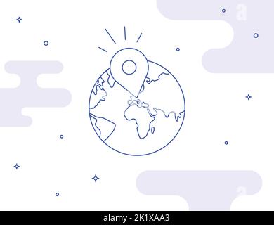 Map location pin on earth globe in starry space. Fully editable stroke illustration Stock Vector