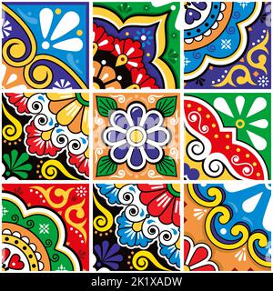 Mexican decorative talavera tiles set - vector seamless pattern, retro colorful designs collection with flowers and geometric shapes Stock Vector