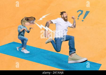 Creative photo 3d collage poster postcard magazine sketch of two people dinosaur head mask conflict cartoon isolated on painting background Stock Photo