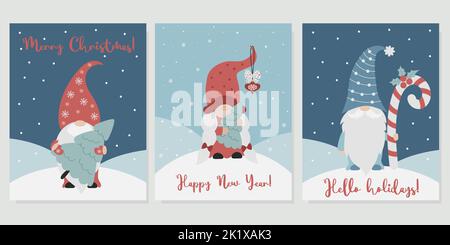 Christmas cards with scandinavian gnomes. Cute gnome girl and bearded New Years gnome with Christmas tree, toys and caramel stick. Vector illustration Stock Vector