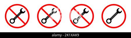 Wrench ban sign. Wrench is forbidden. Set of red prohibition signs of wrench. Vector illustration Stock Vector