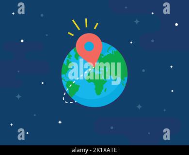 Map location pin on earth globe in starry space. Flat vector illustration Stock Vector