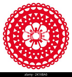 Papel Picado vector round design with floral and geometric mandala, Mexican fiesta garland paper decor with cutout shapes Stock Vector