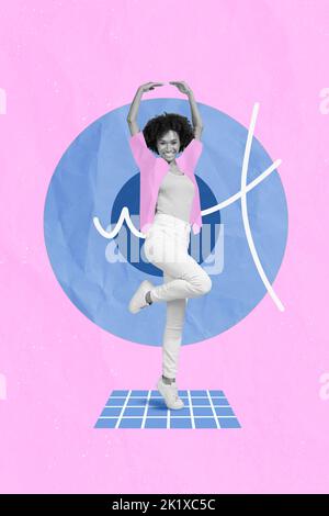 Vertical collage portrait of excited ballerina girl black white effect dancing isolated on painted background Stock Photo