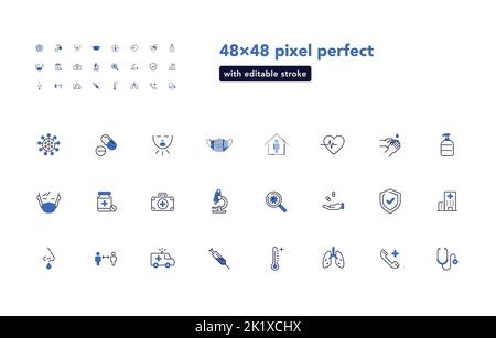 Health Icon Set, Covid-19. 48x48 pixel perfect, vector with editable stroke Stock Vector
