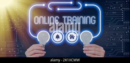 Sign displaying Online TrainingTake the education program from the electronic means. Conceptual photo Take the education program from the electronic Stock Photo