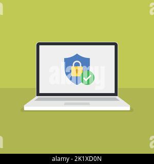 Shield with padlock icon on computer screen. Web security modern flat vector illustration. Stock Vector