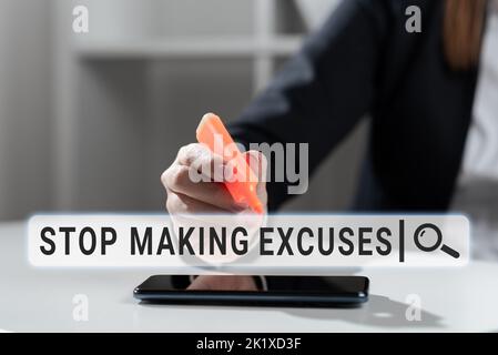 Text sign showing Stop Making Excuses. Word Written on Cease Justifying your Inaction Break the Habit Stock Photo