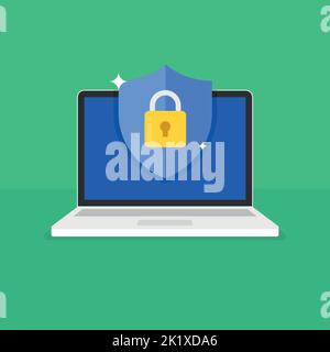 Shield with padlock icon on computer screen. Web security modern flat vector illustration. Stock Vector