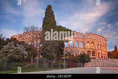 Pula, Croatia - March 26: the ancient Roman Arena, a 1st-century amphitheatre very well preserved. Photo taken on March 26, 2018 in Pula, Istria, Croa Stock Photo