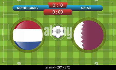 Netherlands vs Qatar scoreboard template for soccer competition. Vector illustration. Sport template. Stock Vector