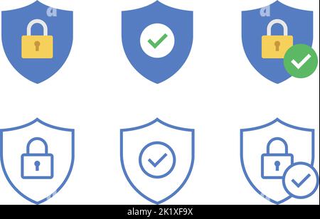 Shield with padlock and check mark. Modern flat and outline vector icons with editable strokes. Stock Vector