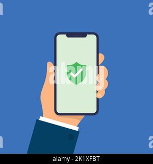 Green Shield on smartphone screen. Hand holds the smartphone. Modern Flat design illustration. Stock Vector