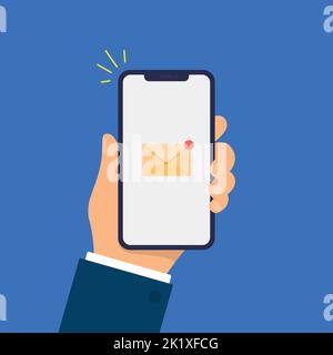 New Email Notification on smartphone screen. Hand holds the smartphone. Modern Flat design illustration. Stock Vector