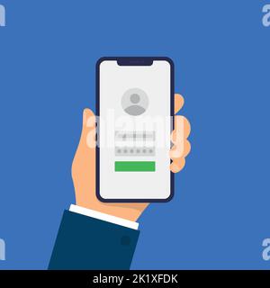 Log in or Sign in page on a smartphone screen. Hand holds the smartphone. Modern Flat design illustration. Stock Vector