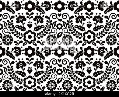 Seamless vector pattern with Mexican floral morif, black and white textile or fabric print design inspired by traditional embroidery crafts from Mexic Stock Vector