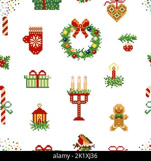 8 bit Vintage Pixel Art Merry Christmas Pattern Stock Vector