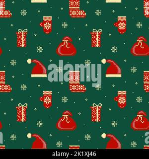 Pixel Art Christmas Pattern with Santa Hat Stock Vector