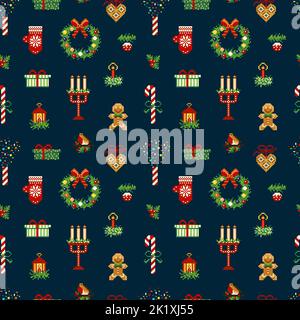 8 bit Vintage Pixel Art Merry Christmas Pattern Stock Vector