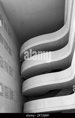 interior detail of El Palau de les Arts Reina Sofia, Opera House, at City of Arts and Sciences in Valencia, Spain in September - black and white Stock Photo