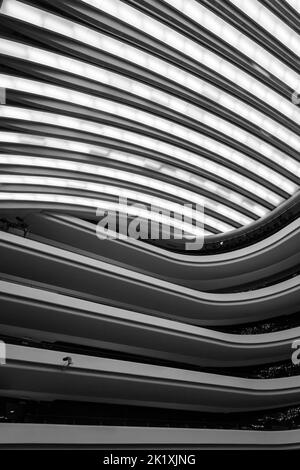 interior detail of El Palau de les Arts Reina Sofia, Opera House, at City of Arts and Sciences in Valencia, Spain in September - black and white Stock Photo