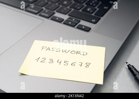 Weak password concept. Handwritten text on sticky note on laptop. Computer security management Stock Photo