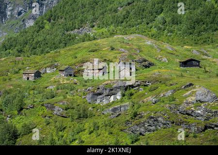 Wonderful landscapes in Norway. Vestland. Beautiful scenery of houses with grass roof. Norwegian traditional architecture. Mountains and trees in back Stock Photo