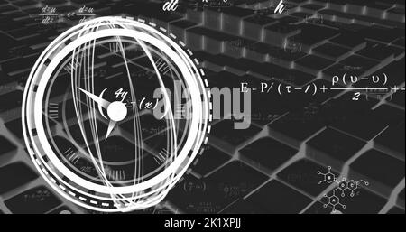 Image of scope scanning with clock over mathematical equations on black background Stock Photo